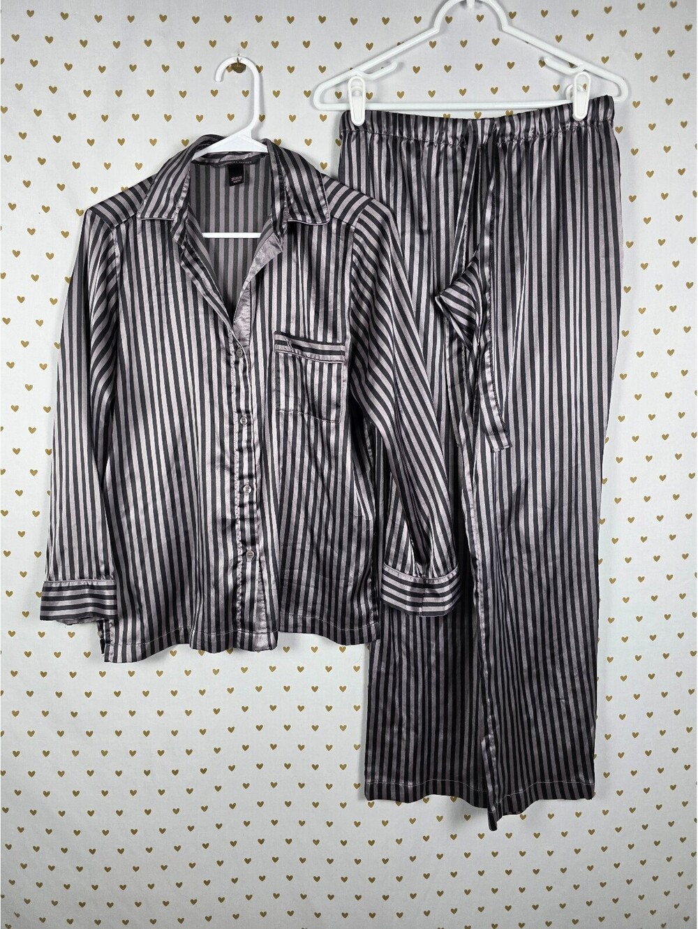 Victorias Secret Sleep SET 2pc Outfit Pajama Satin Striped Shirt Pants XS